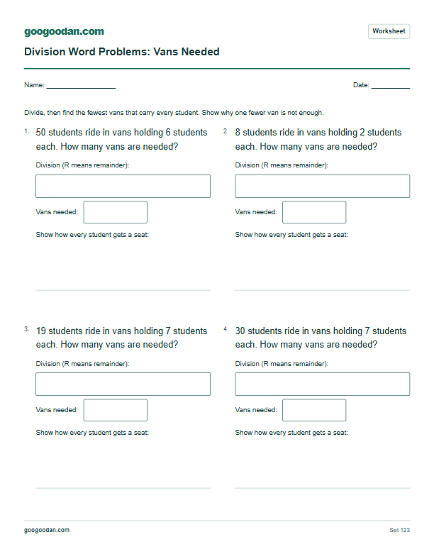Full printable worksheet preview: Division Word Problems: Round Up the Remainder