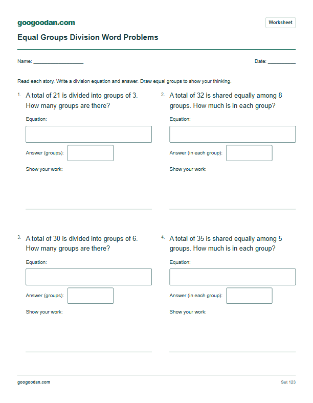 Full printable worksheet preview: Equal Groups Division Word Problems