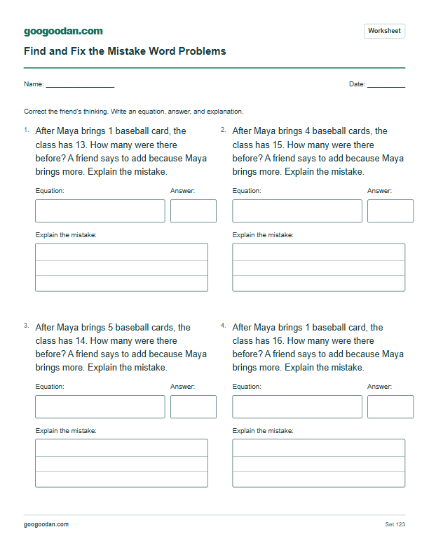 Full printable worksheet preview: Error Analysis Word Problems: Find and Fix the Mistake