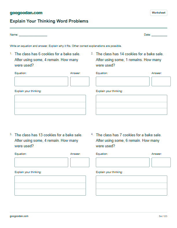 Full printable worksheet preview: Explain Your Thinking Word Problems