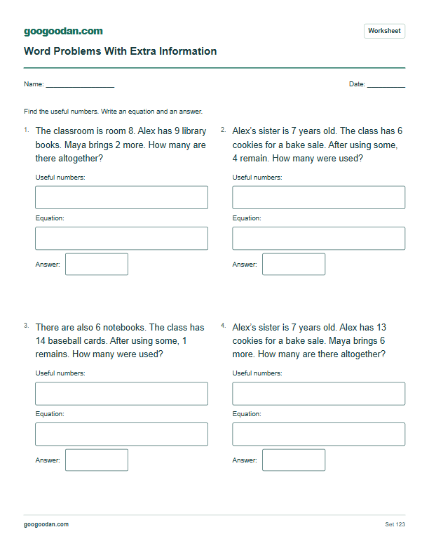Full printable worksheet preview: Word Problems With Extra Information