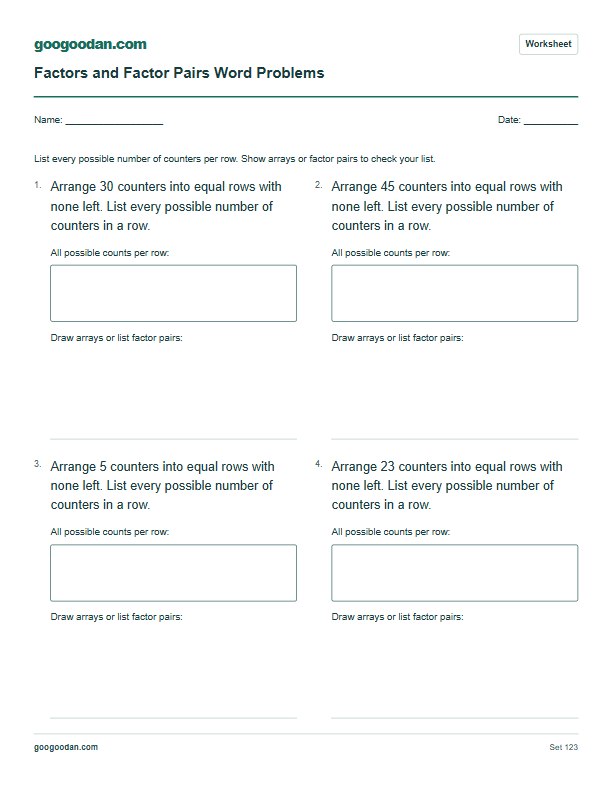 Full printable worksheet preview: Factors and Factor Pairs Word Problems