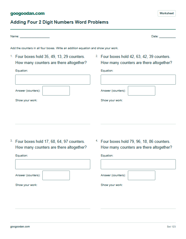 Full printable worksheet preview: Adding Four 2 Digit Numbers Word Problems