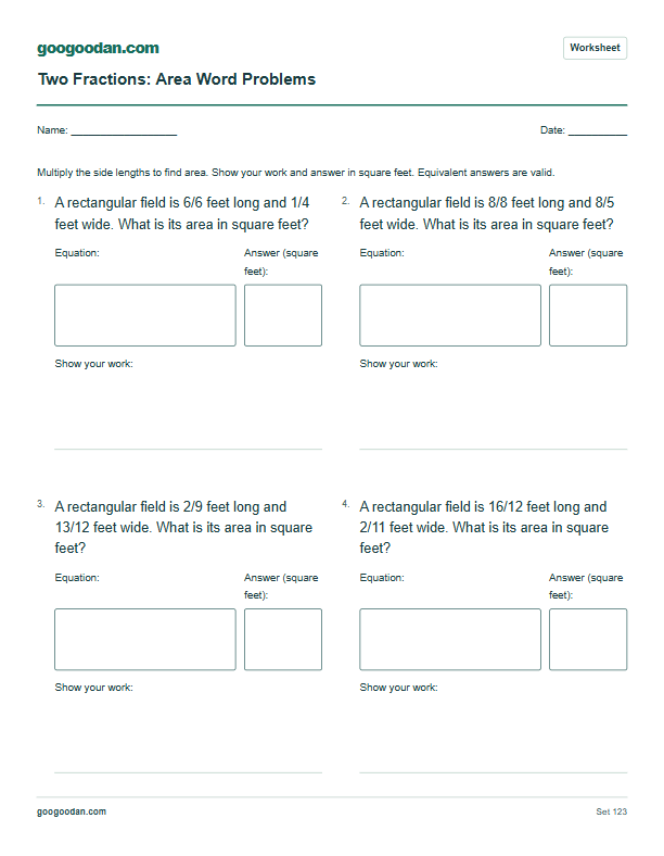 Full printable worksheet preview: Multiplying Two Fractions Word Problems: Area