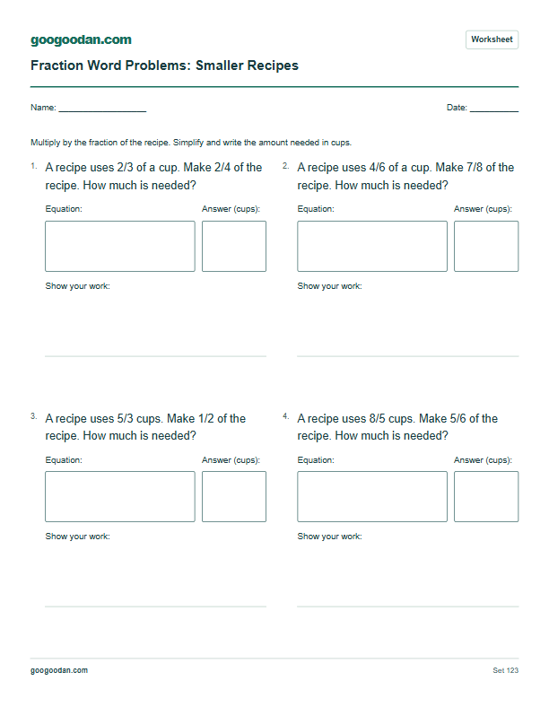 Full printable worksheet preview: Fraction Multiplication Word Problems: Recipes