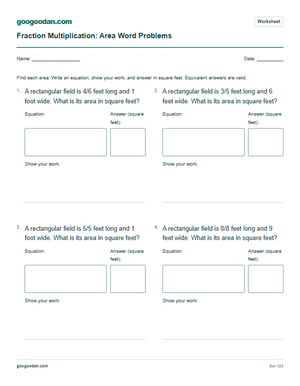 Full printable worksheet preview: Fraction Multiplication Word Problems: Rectangle Area