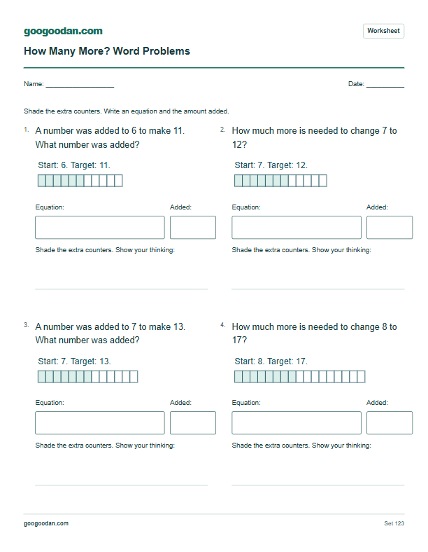 Full printable worksheet preview: How Many More? Word Problems Within 20