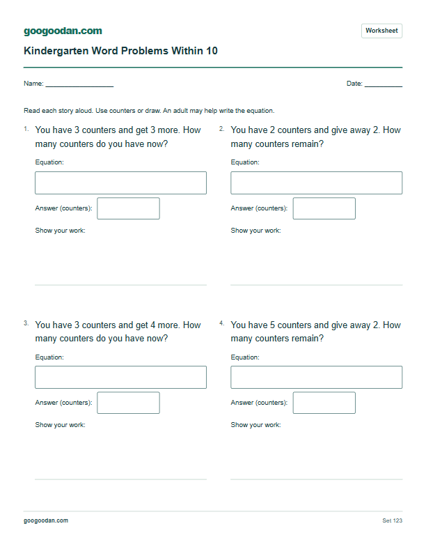 Full printable worksheet preview: Kindergarten Word Problems Within 10