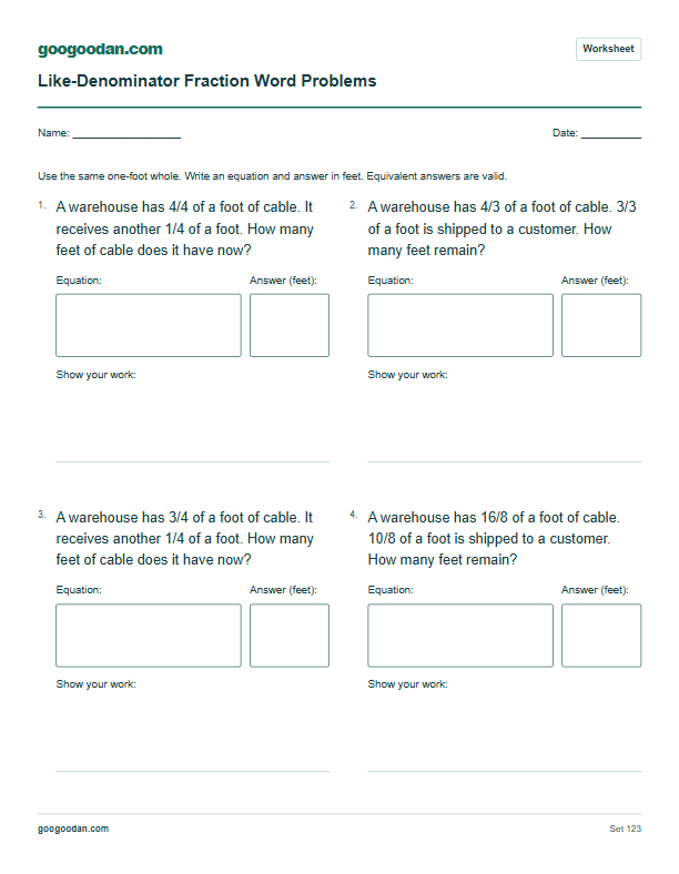 Full printable worksheet preview: Adding and Subtracting Fractions Word Problems With Like Denominators