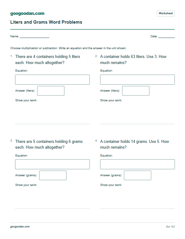 Full printable worksheet preview: Liters and Grams Word Problems