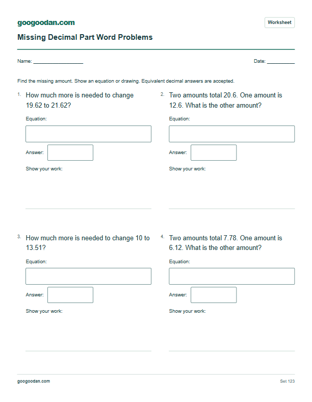 Full printable worksheet preview: Missing Decimal Part Word Problems