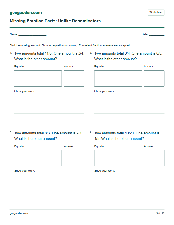 Full printable worksheet preview: Missing Fraction Part Word Problems With Unlike Denominators