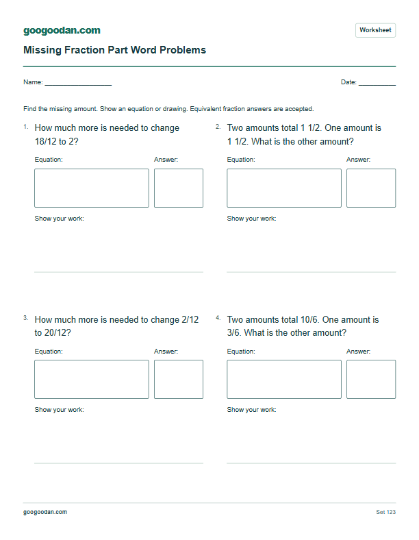 Full printable worksheet preview: Missing Fraction Part Word Problems