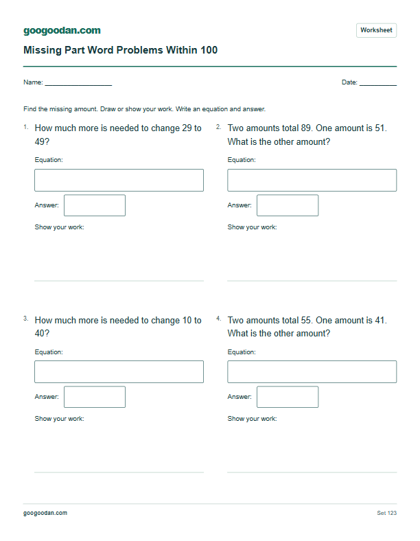 Full printable worksheet preview: Missing Part Word Problems — Within 100 or 1,000