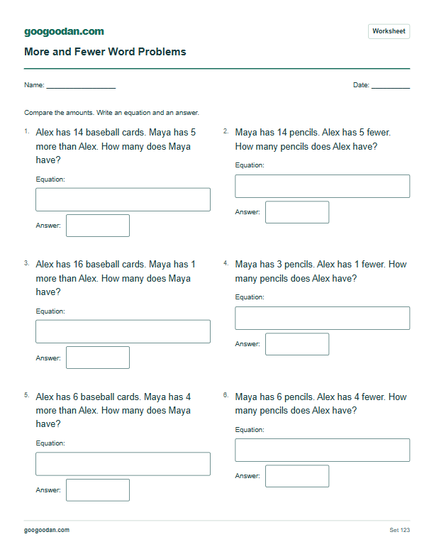 Full printable worksheet preview: More and Fewer Comparison Word Problems