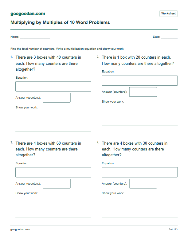 Full printable worksheet preview: Multiplying by Multiples of 10 Word Problems