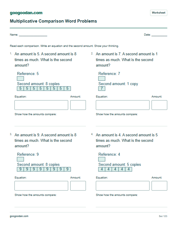 Full printable worksheet preview: Multiplicative Comparison Word Problems