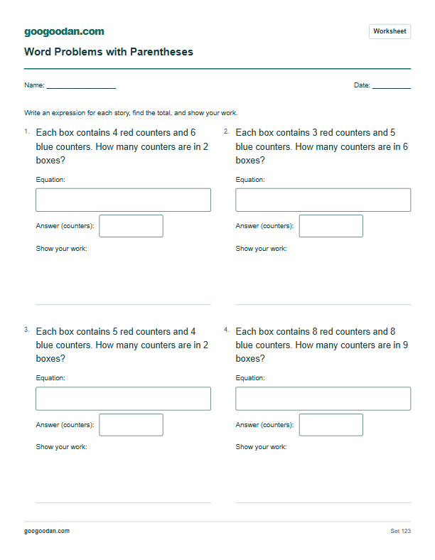 Full printable worksheet preview: Order of Operations Word Problems with Parentheses