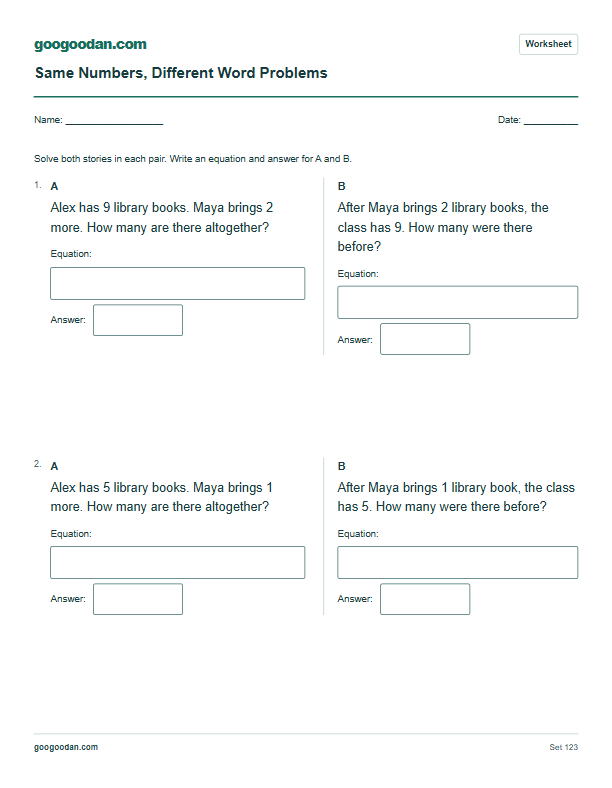 Full printable worksheet preview: Same Numbers, Different Questions Word Problems