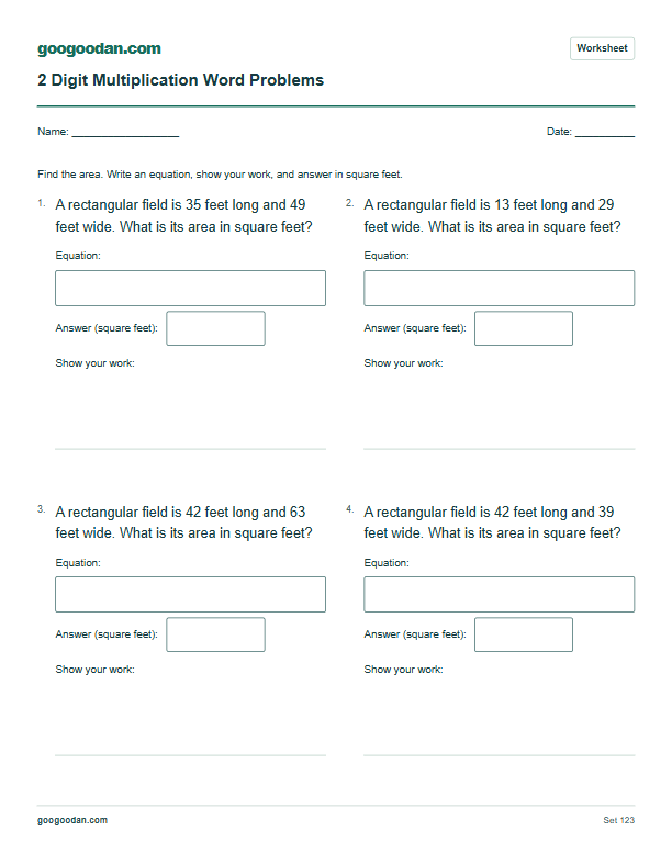 Full printable worksheet preview: 2 Digit Multiplication Word Problems: Rectangle Area