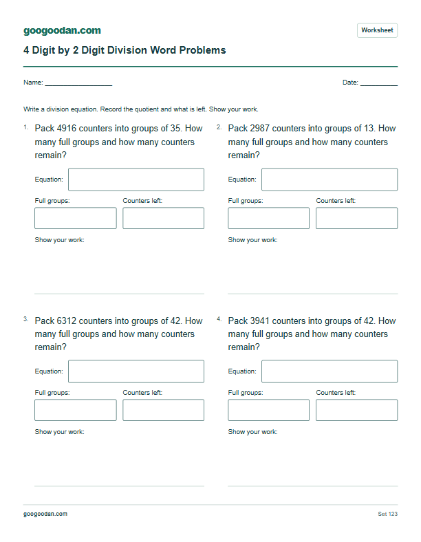 Full printable worksheet preview: 4 Digit by 2 Digit Division Word Problems
