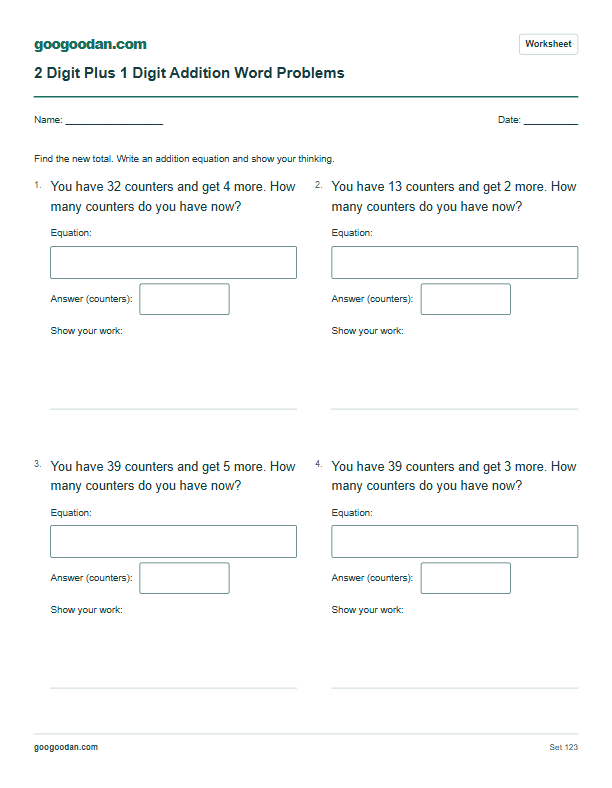 Full printable worksheet preview: 2 Digit Plus 1 Digit Addition Word Problems
