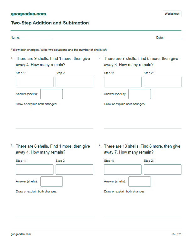 Full printable worksheet preview: Two-Step Addition and Subtraction Word Problems