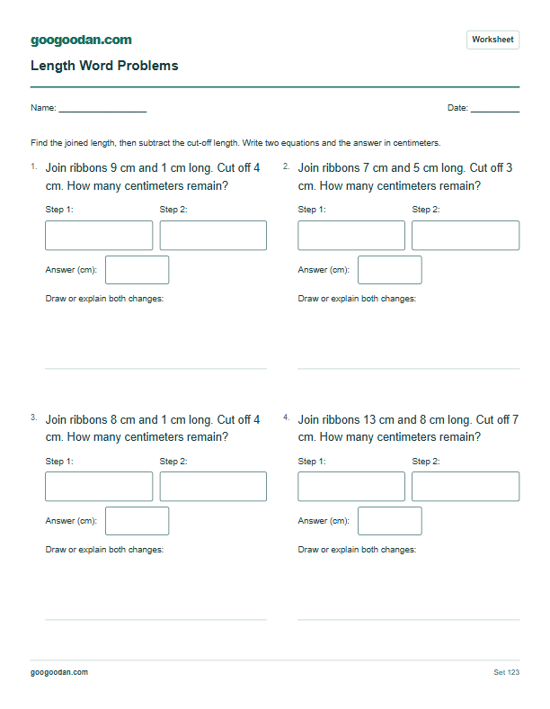 Full printable worksheet preview: Length Word Problems in Centimeters