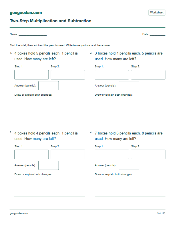 Full printable worksheet preview: Two-Step Multiplication and Subtraction Word Problems