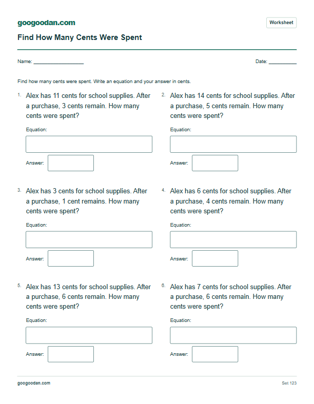 Full printable worksheet preview: Find the Missing Change Word Problems
