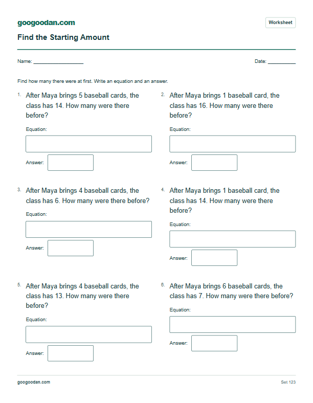 Full printable worksheet preview: Find the Starting Amount Word Problems