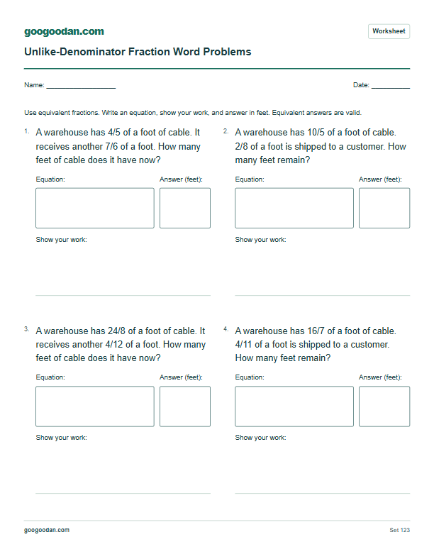 Full printable worksheet preview: Adding and Subtracting Fractions Word Problems With Unlike Denominators