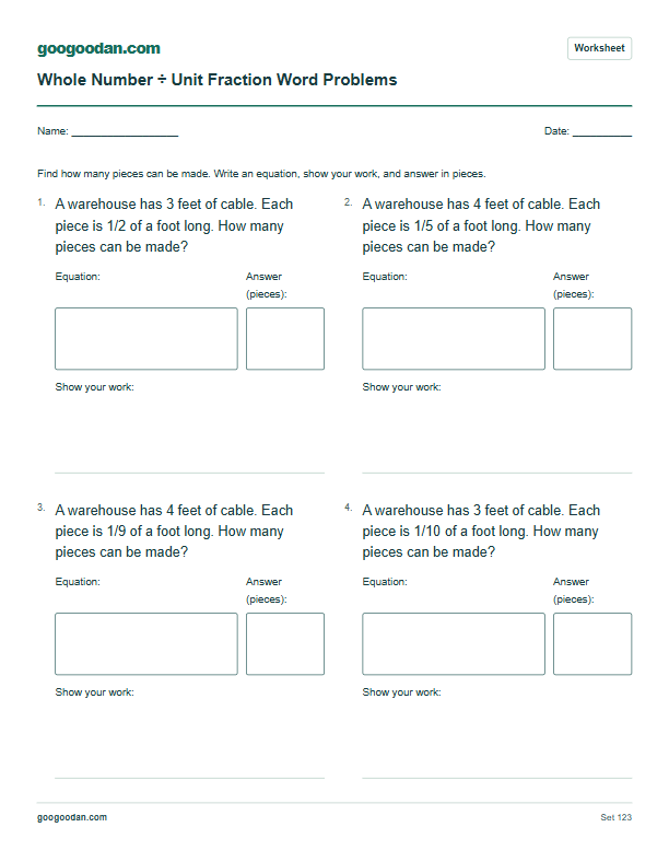 Full printable worksheet preview: Dividing Whole Numbers by Unit Fractions Word Problems