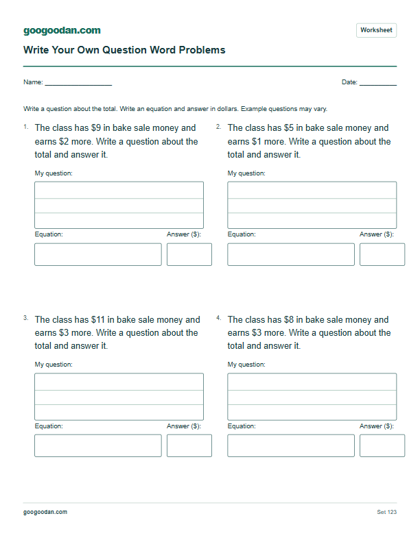 Full printable worksheet preview: Write Your Own Question Word Problems