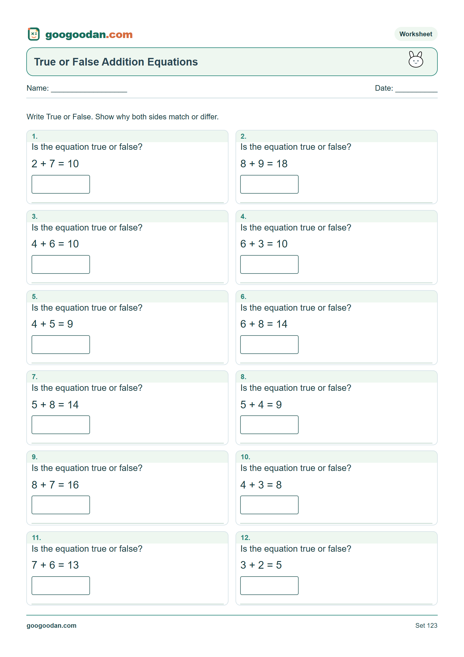 Full printable worksheet preview: True or False Addition Equations