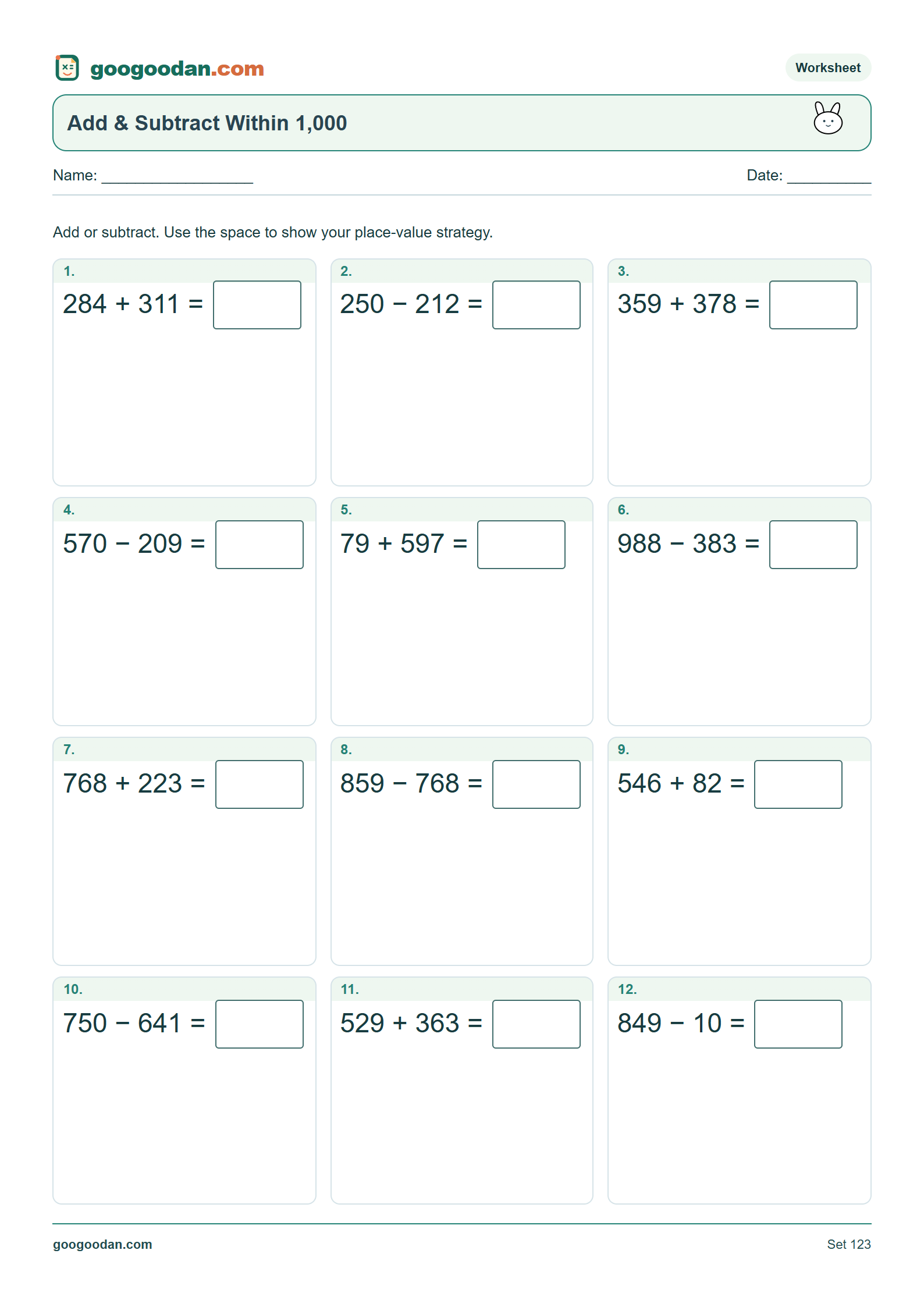 Full printable worksheet preview: Addition & Subtraction Within 1,000