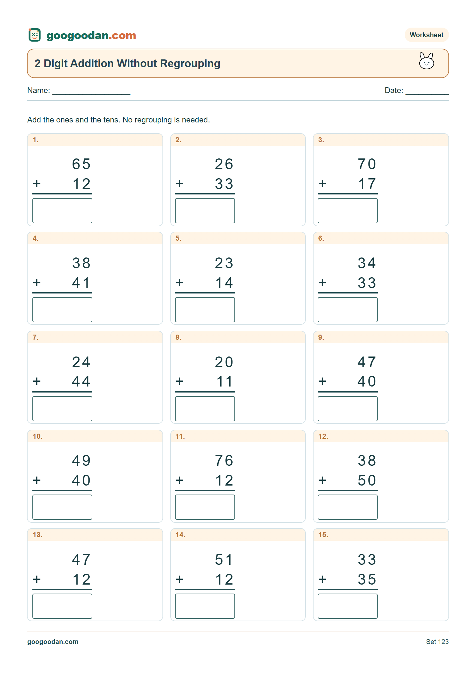 Full printable worksheet preview: 2 Digit Addition Without Regrouping