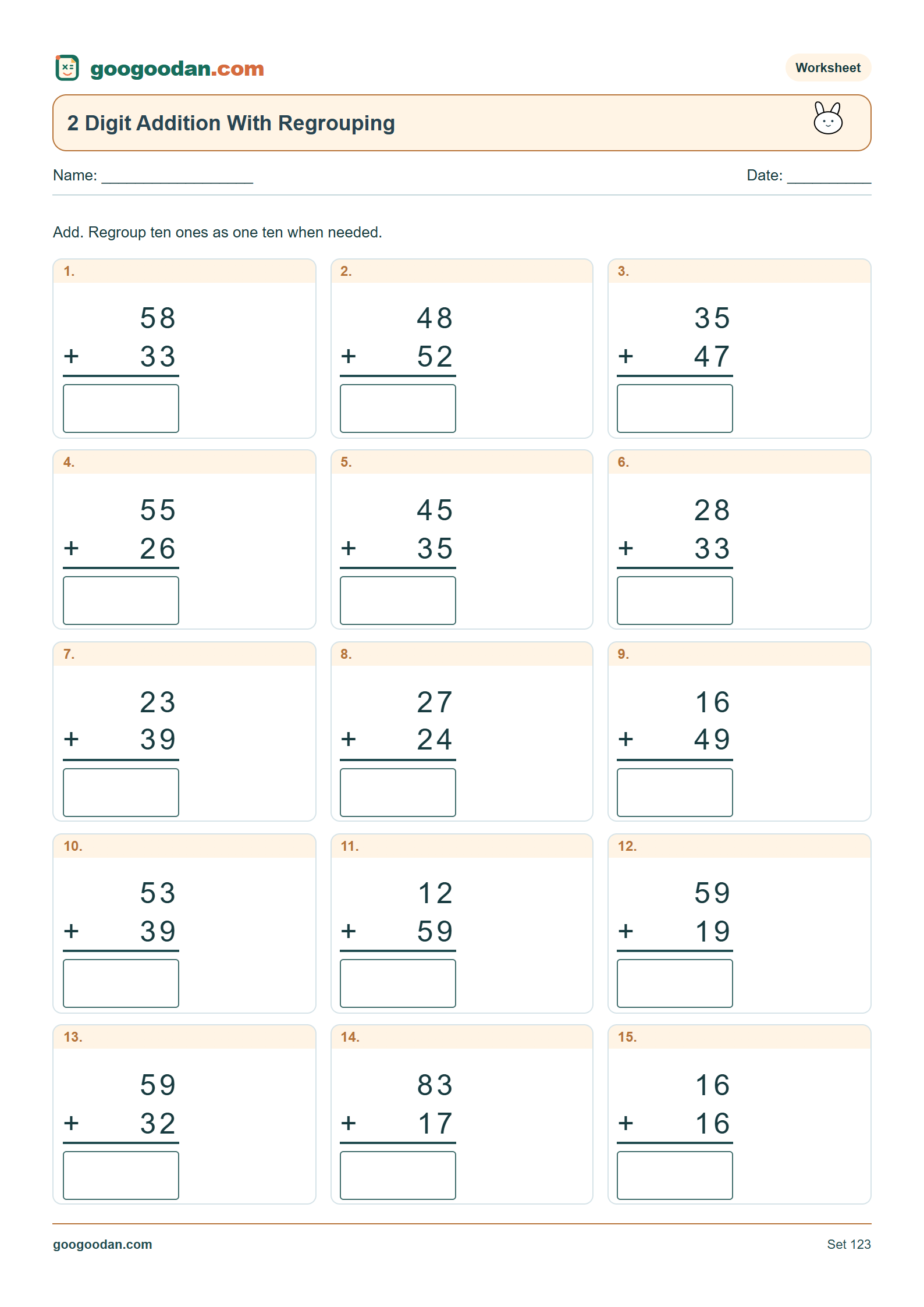 Full printable worksheet preview: 2 Digit Addition With Regrouping