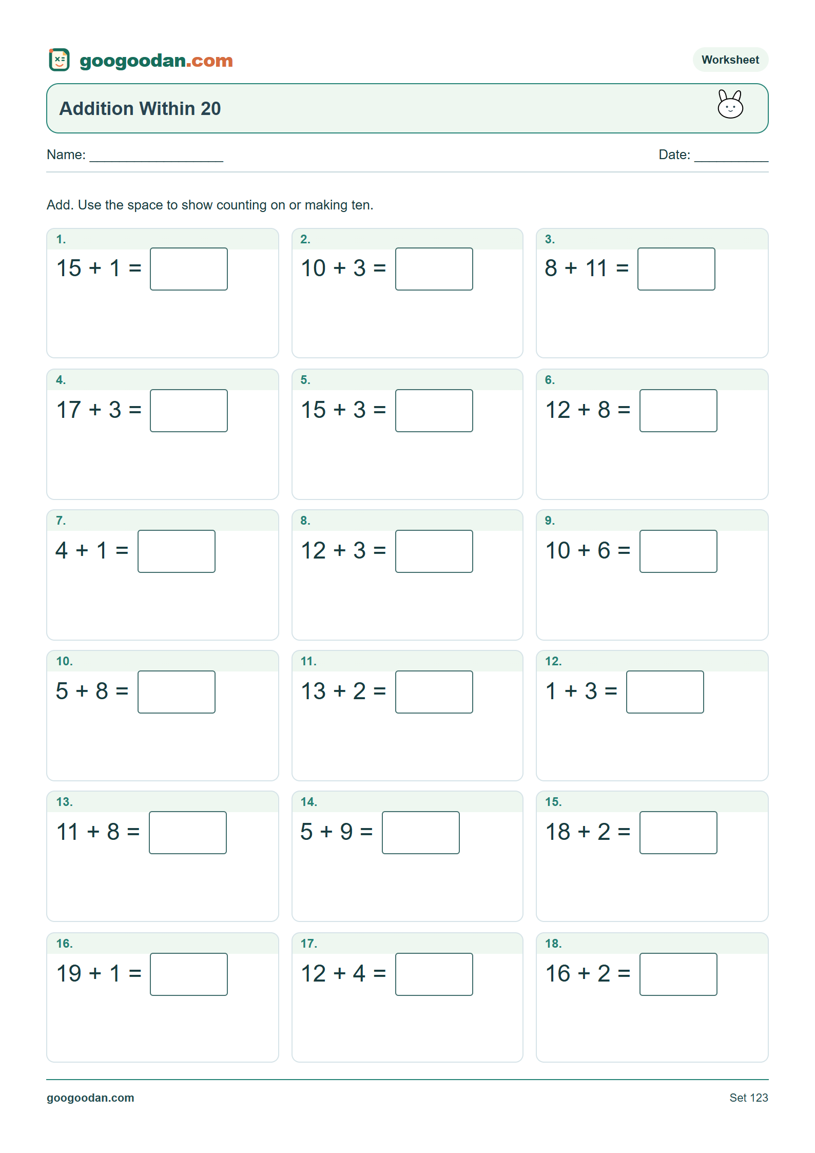 Full printable worksheet preview: Addition Within 20
