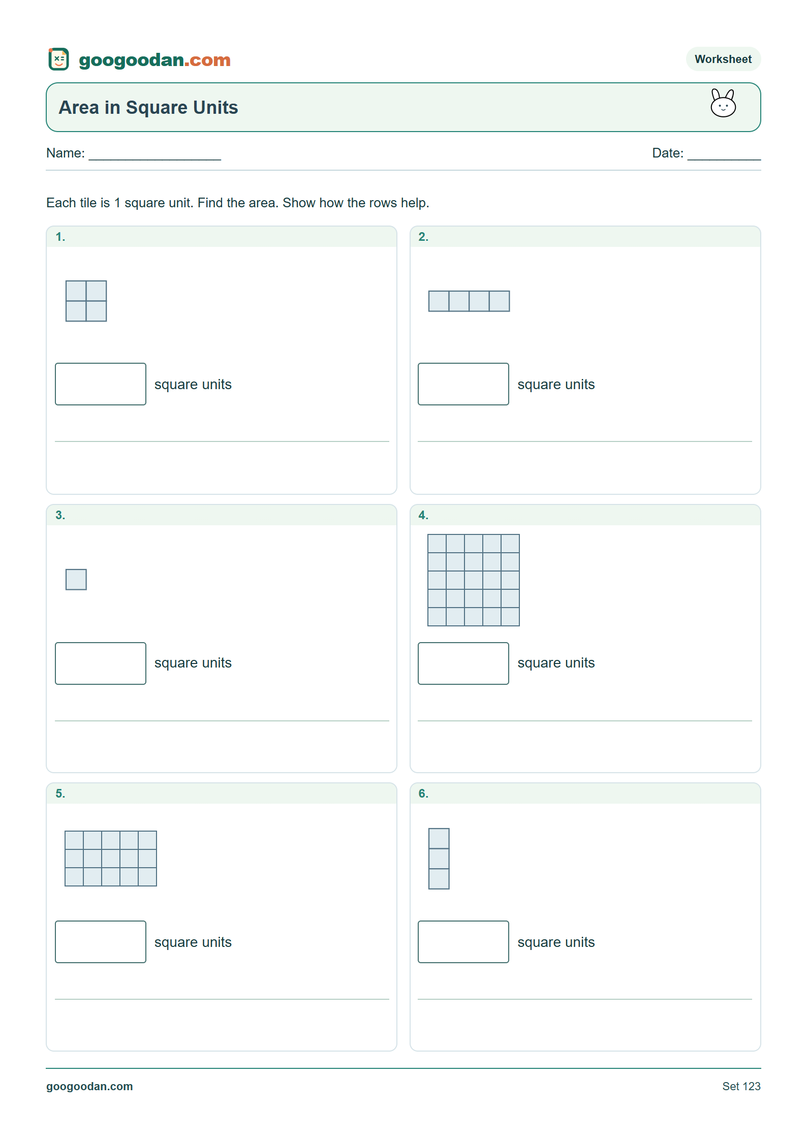 Full printable worksheet preview: Counting Square Units: Area