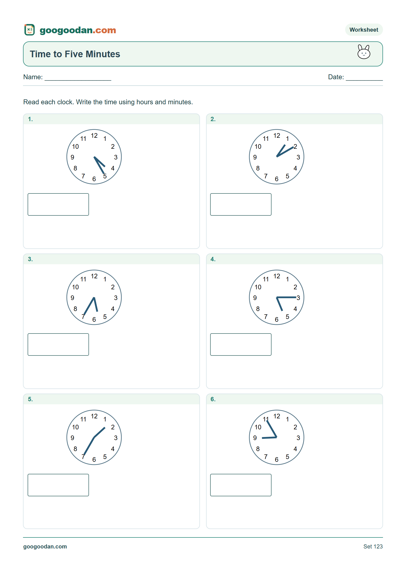 Full printable worksheet preview: Telling Time to Five Minutes