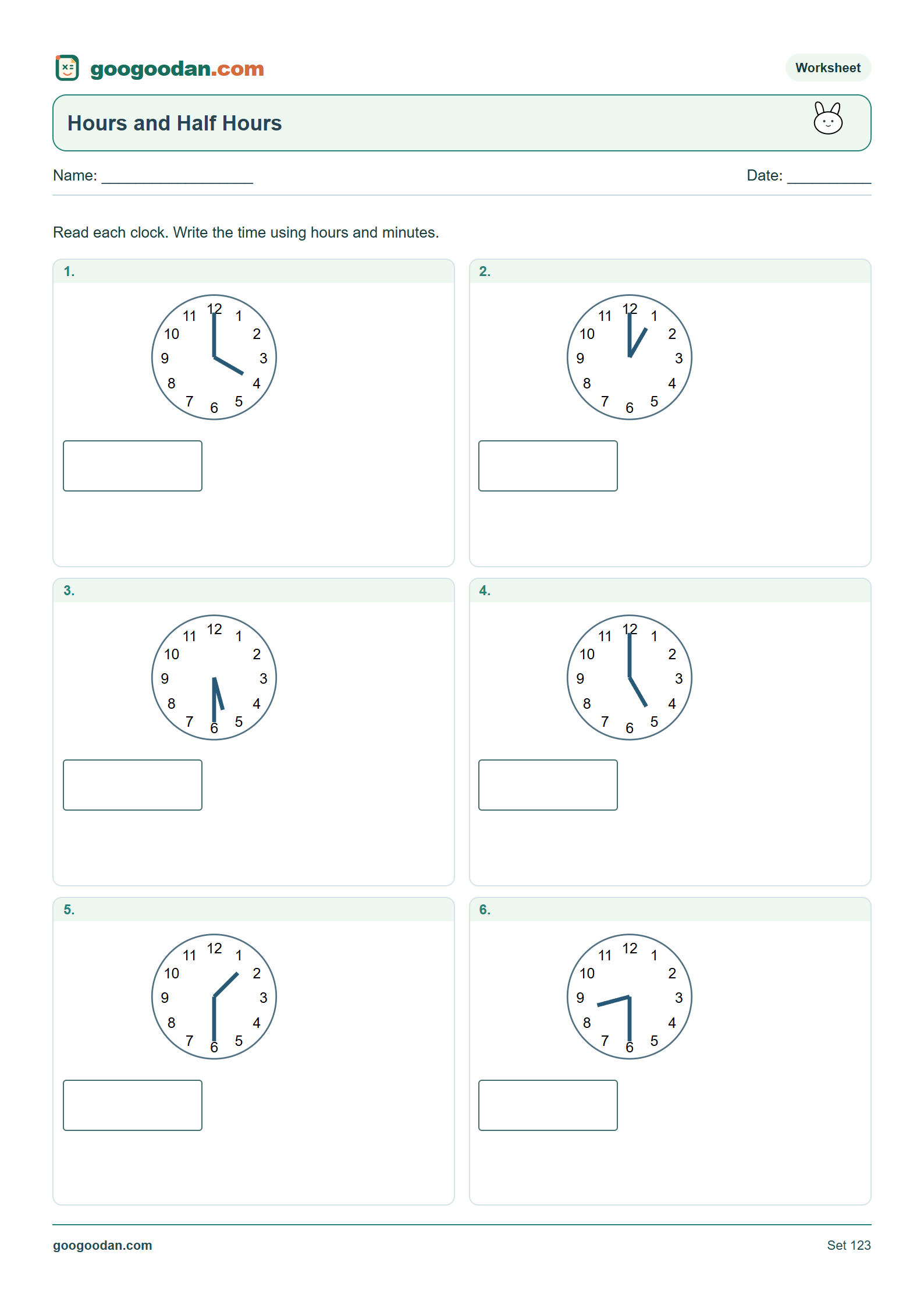 Full printable worksheet preview: Telling Time: Hours and Half Hours