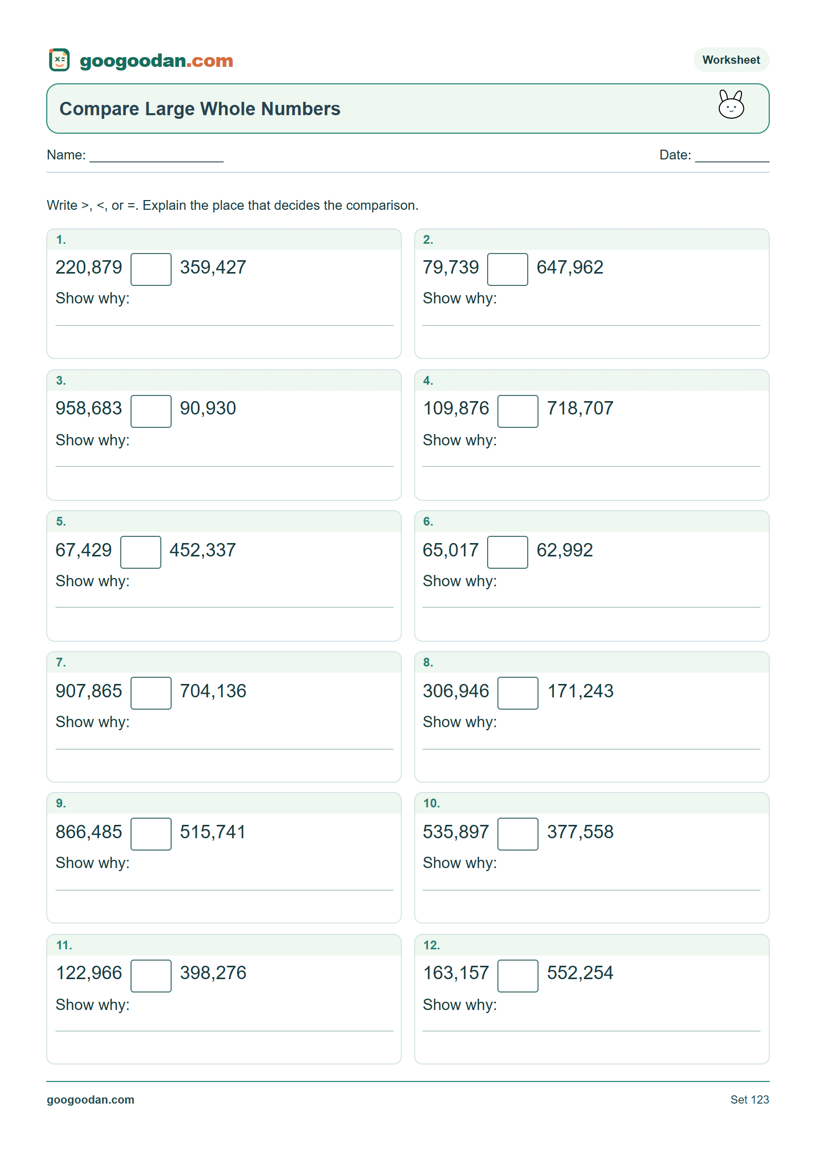 Full printable worksheet preview: Comparing Large Whole Numbers