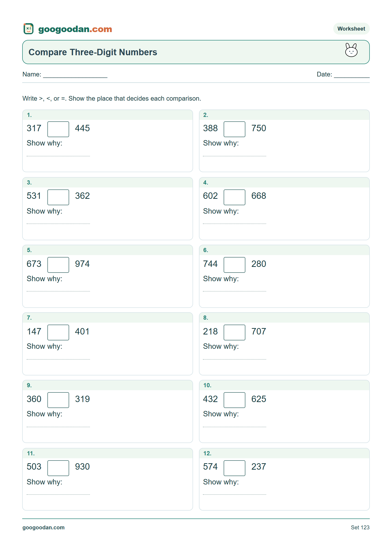 Full printable worksheet preview: Comparing Three-Digit Numbers