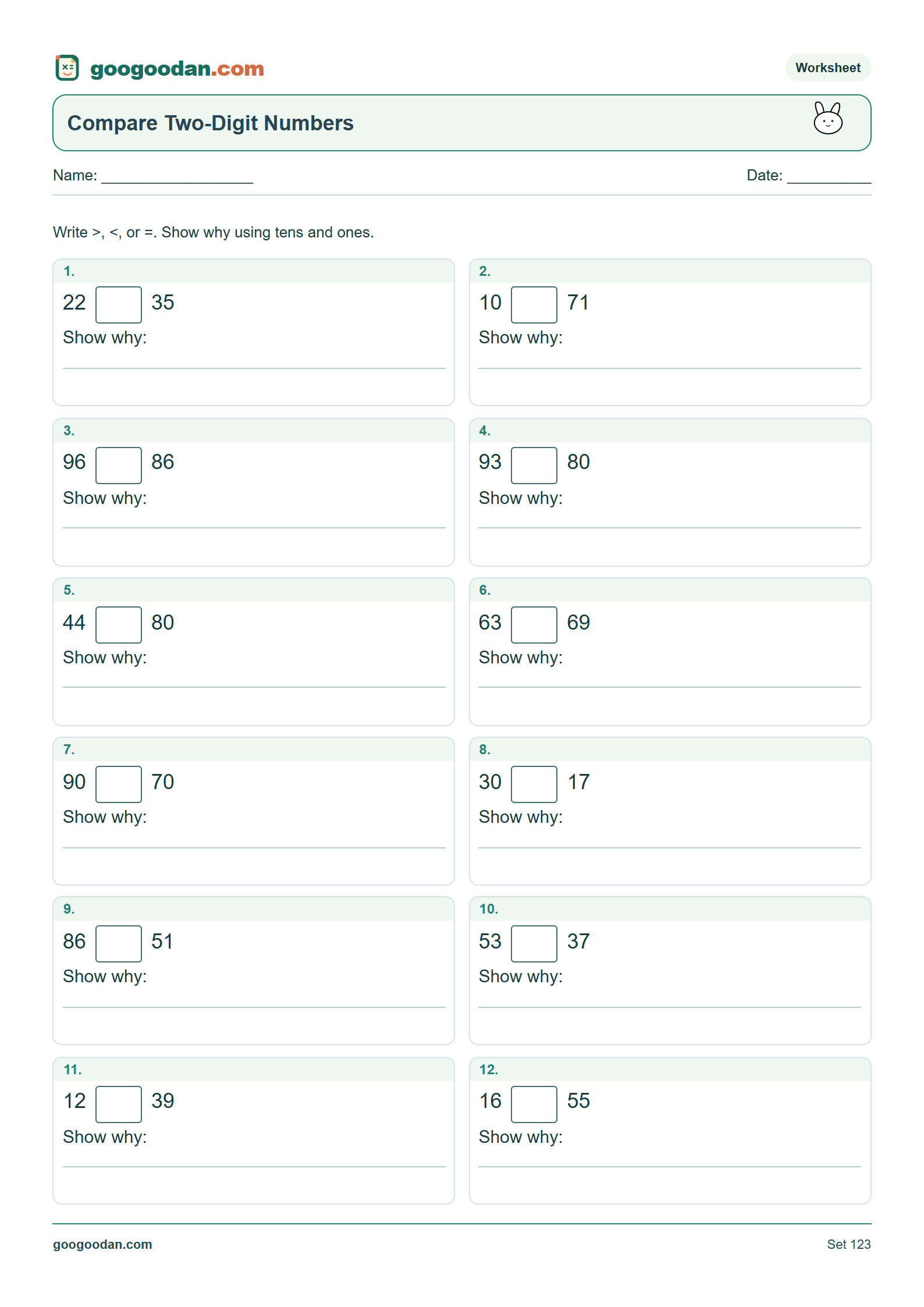 Full printable worksheet preview: Comparing Two-Digit Numbers