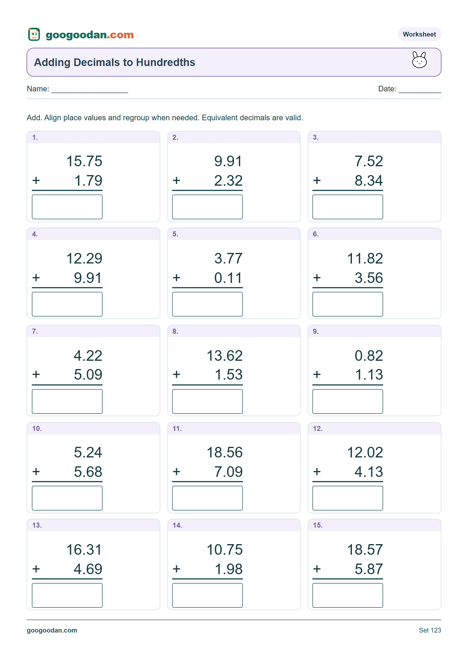 Full printable worksheet preview: Adding Decimals to Hundredths Worksheets