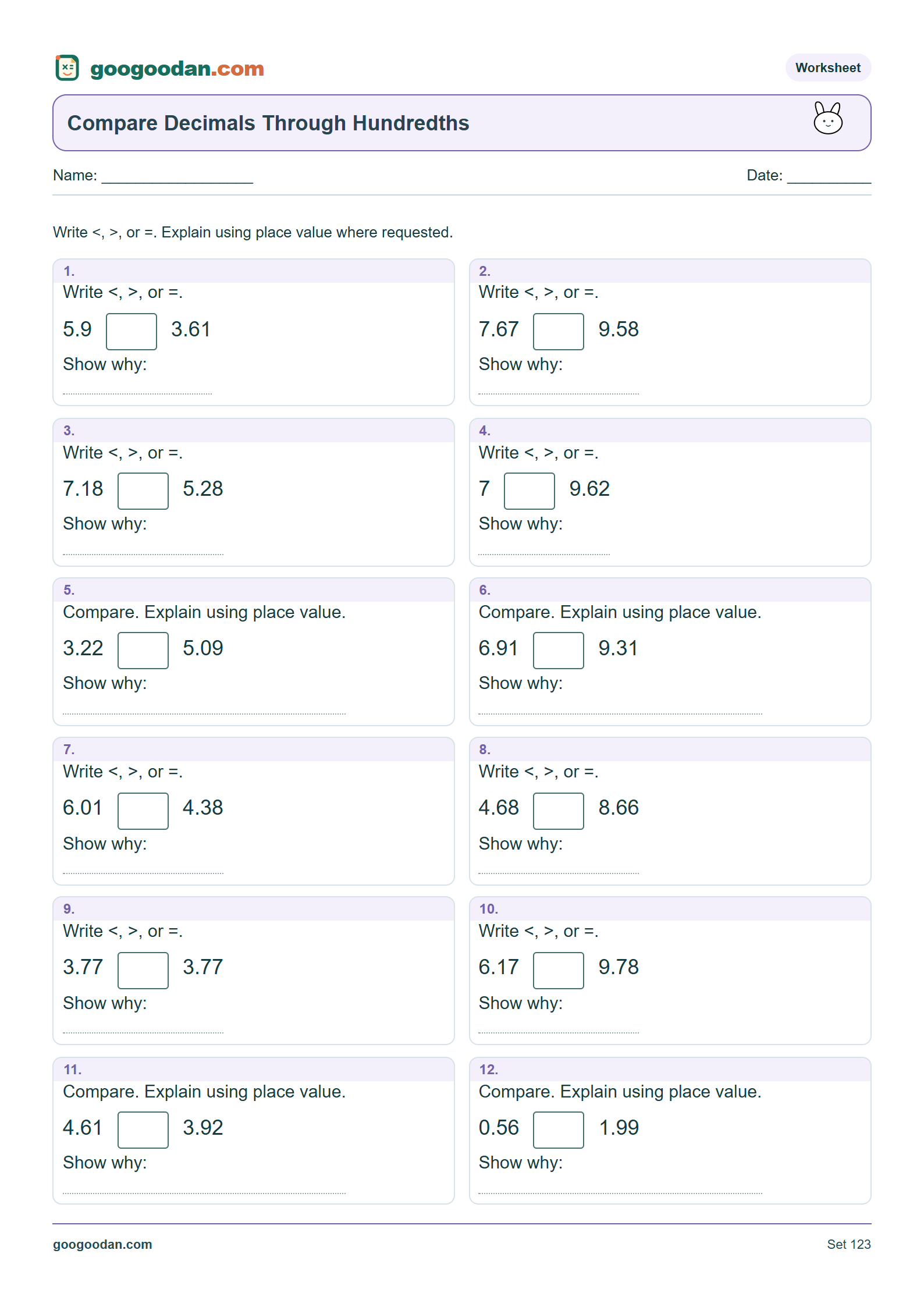 Full printable worksheet preview: Compare Decimals Through Hundredths