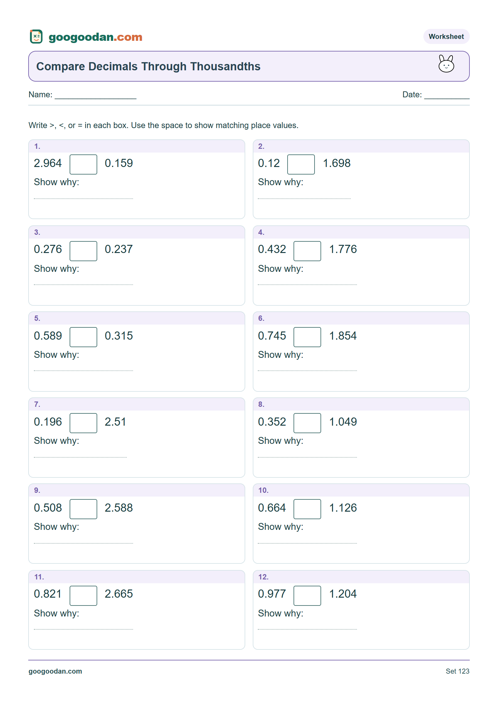 Full printable worksheet preview: Comparing Decimals Through Thousandths