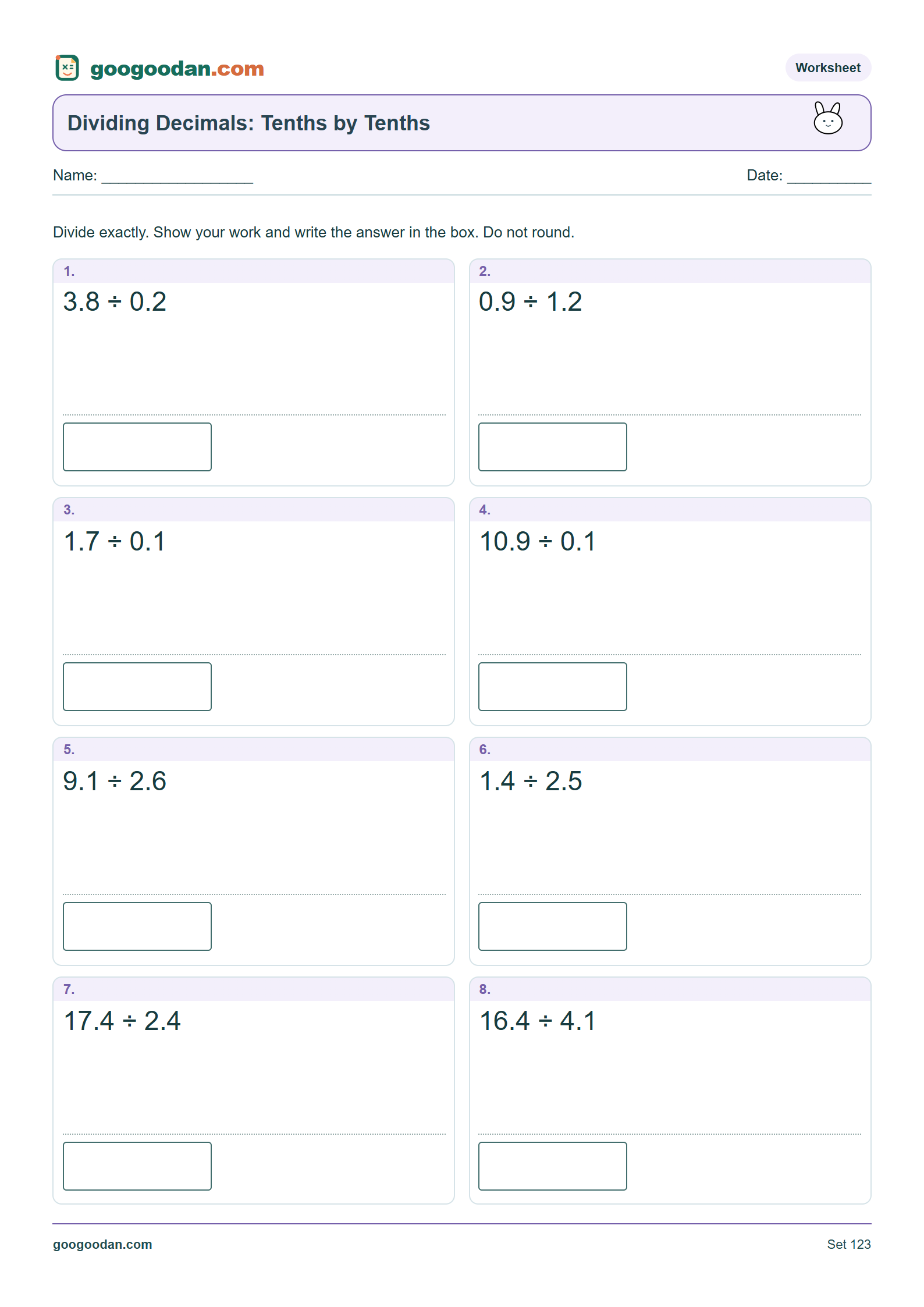 Full printable worksheet preview: Dividing Decimals Worksheets – Tenths by Tenths