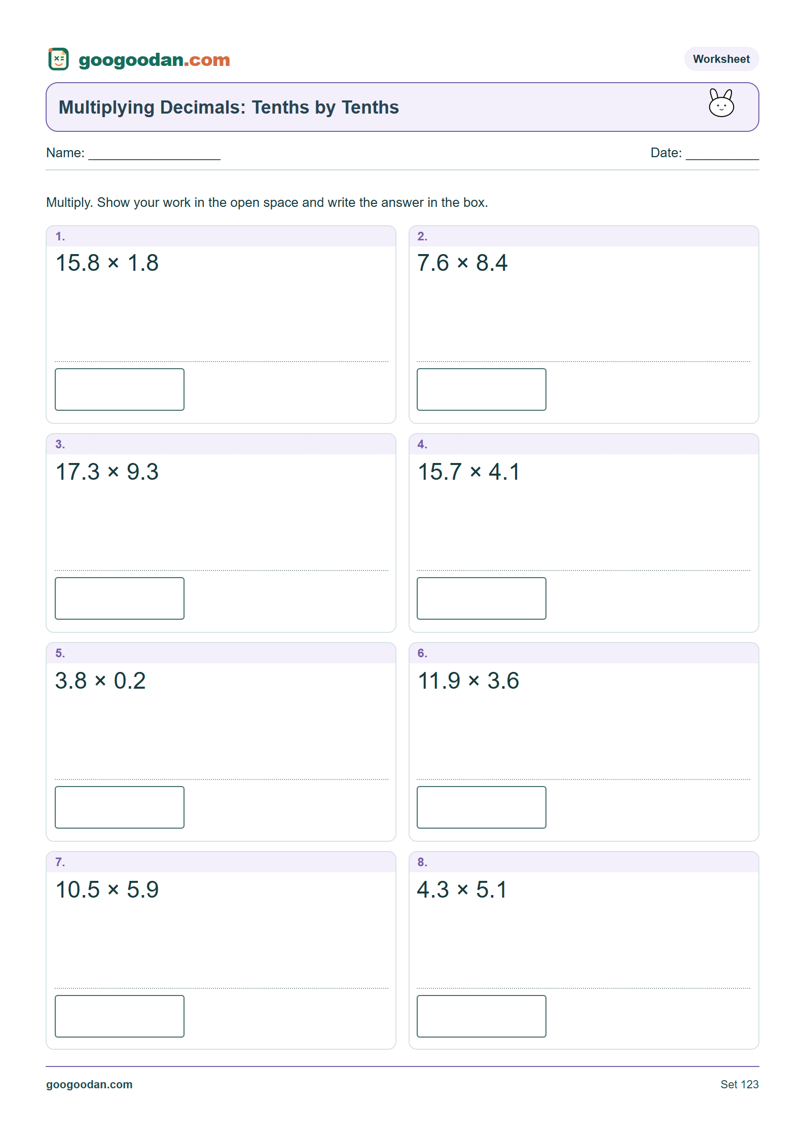 Full printable worksheet preview: Multiplying Decimals Worksheets – Tenths by Tenths